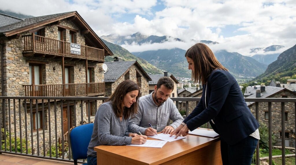 firmando en oficina venta de propiedad en Andorra la vella
